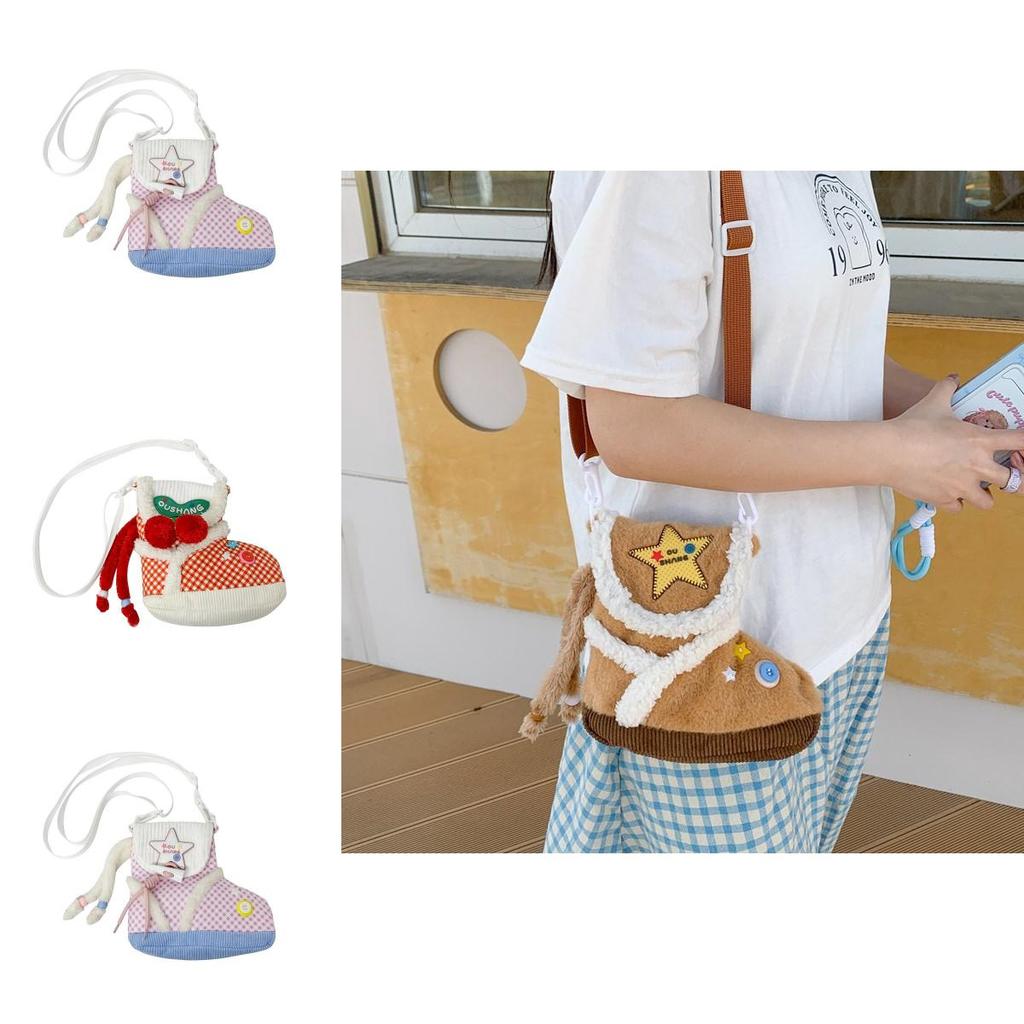 Plush Cartoon Shoe Shaped Shoulder Bag For Girls With Zipper Closure And Inner Pouch