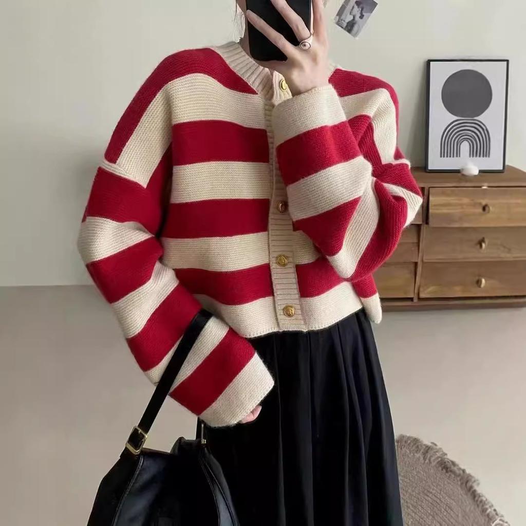 Color Block Striped Women's Sweater Lazy Style Knit Cardigan Korean-Style Fashionable Loose Crew Neck