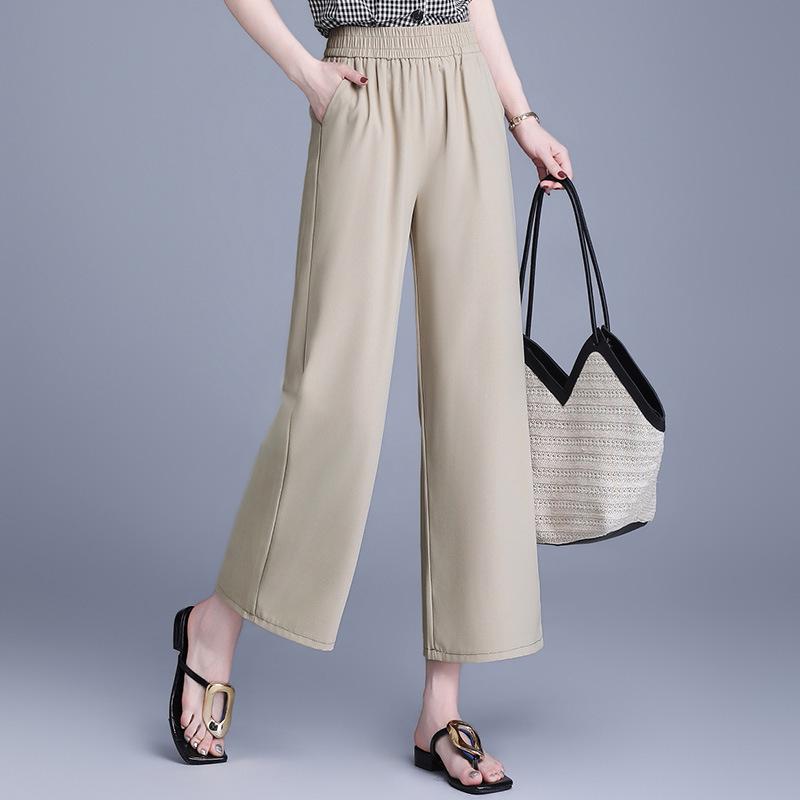 Elastic Waist Wide-Leg Pants for Middle-Aged Women, 9-Point Length, Spring & Autumn