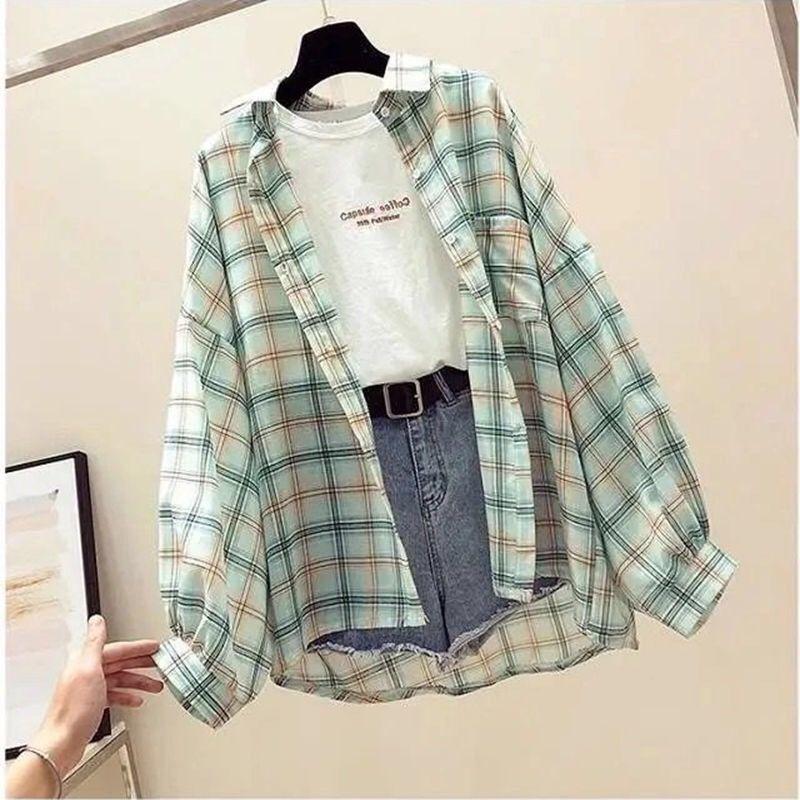 Jaro Léto Dámská Vintage Halenka s Dlouhým Rukávem Volná Kostkovaná Halenka Topy Dámské Šifonové Ležérní Košile Košile na Ochranu před Sluncem