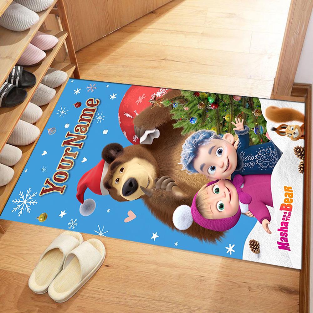 Masha Bear Customize Text Floor Mat Perfect for Dormitory Balcony Game Room Dining Room Anti-slip Rug Anime Office Decor