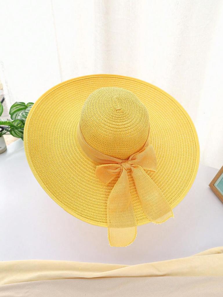 Solid Color Bohemian Straw Sun Hat With Bow Wide Brim Round Top UV Protection Windproof