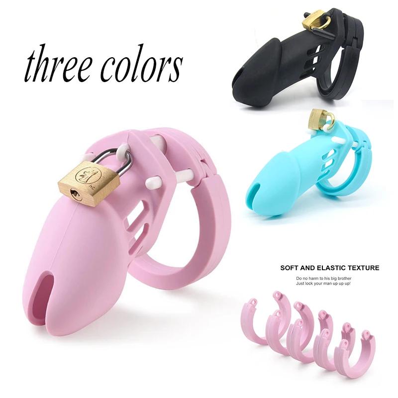 Sex Toys Silicone Small/Standard Male Chastity Device Cock Cage with 5 Rings Brass Lock Locking  Erotic Urethral Adult Game