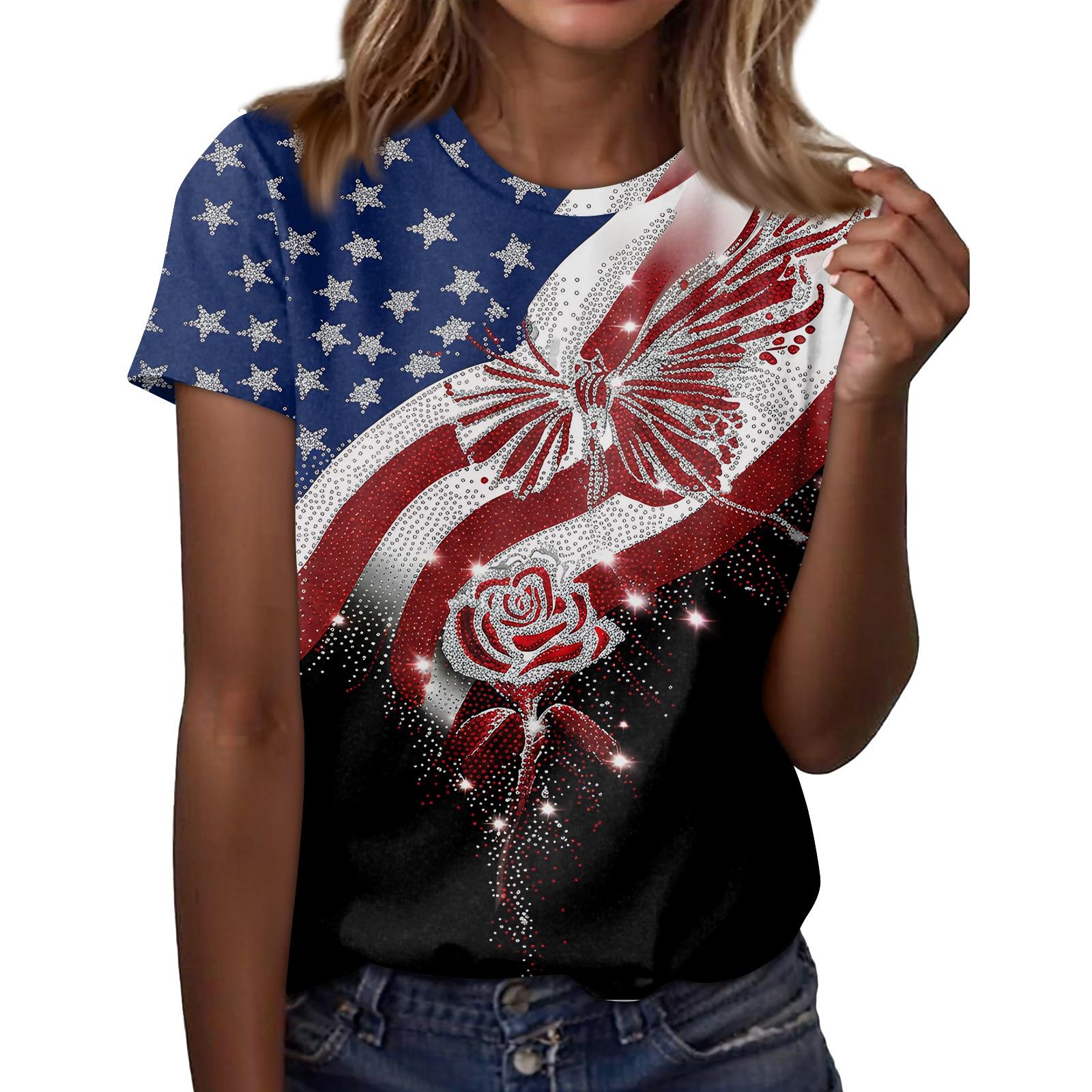 Women s Round Neck Independence Day Print Lightweight Spring/Summer Top XXL