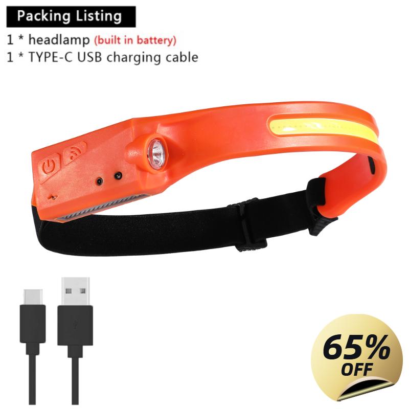 

COB светодиодный налобный фонарь, индукционный налобный фонарь, встроенная батарея, USB перезаряжаемый налобный фонарик, уличный фонарик с датчиком для кемпинга, рыбалки оранжевый