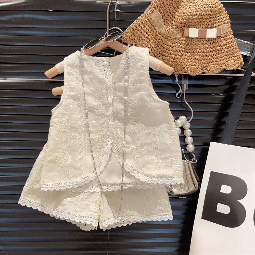 Kleding voor Baby Meisjes Bloemenborduurwerk Zomer Meisjes Sets Mouwloos Kant Vest + Korte Broek Outfits 3-7 Jaar Ronde Hals Kinderkleding 5T brown