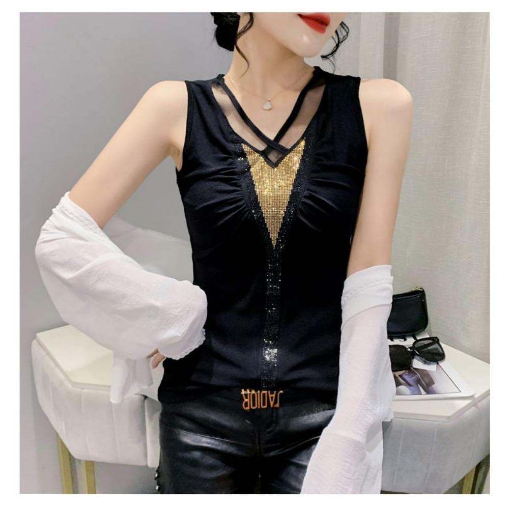 Temperament V-neck Tank Top Women's Fashionable Hot Diamond Mesh Sleeveless T-shirt Women's Western-style Base Top