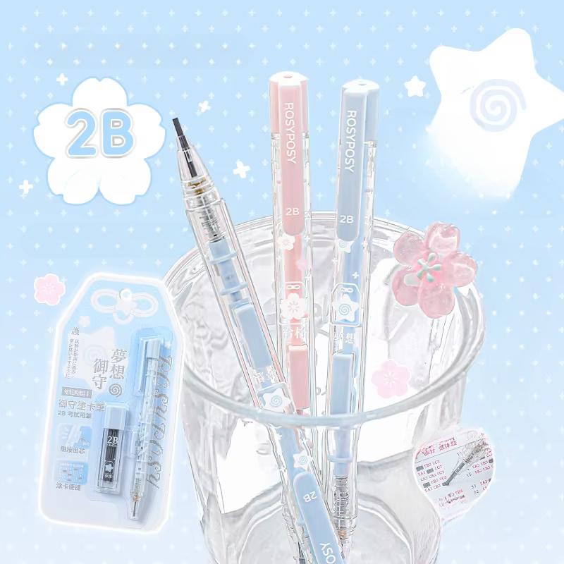 Lucky Omamori Exam Pencil Set Kawaii Retro Japanese 2B Mechanical Pencils for Test Prep with Refills Student Writing Supplies