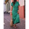 Women Summer Casual Long Dress Elegant Waist Tie Maxi Round Neck Short Sleeve