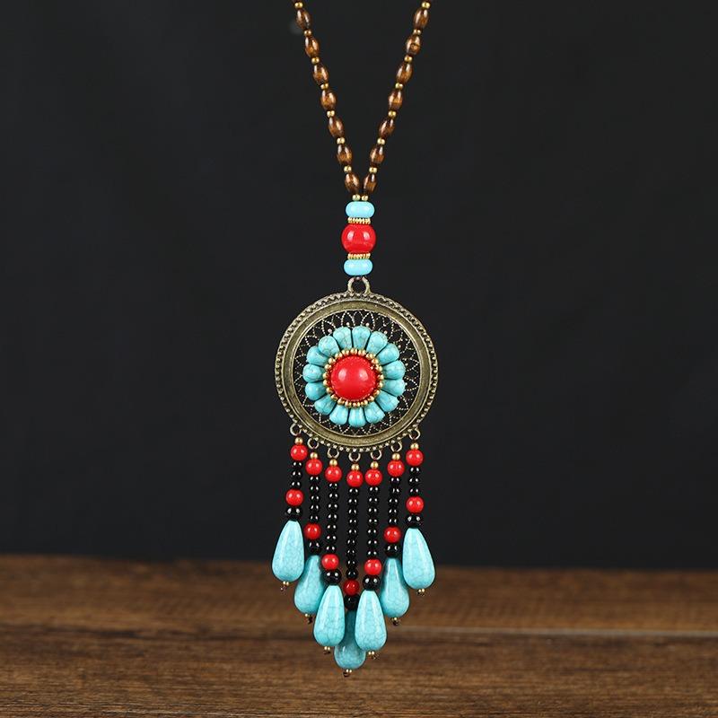 

Винтажное красное бирюзовое длинное ожерелье ручной работы, женское, высококлассное, с бахромой, декоративная подвеска-цепочка для свитера на осень и зиму