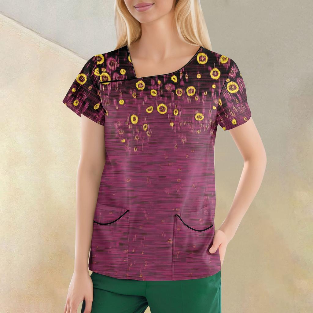 Women's Casual  Print Short Sleeve Sloping Collar Workwear Top With Double Pockets
