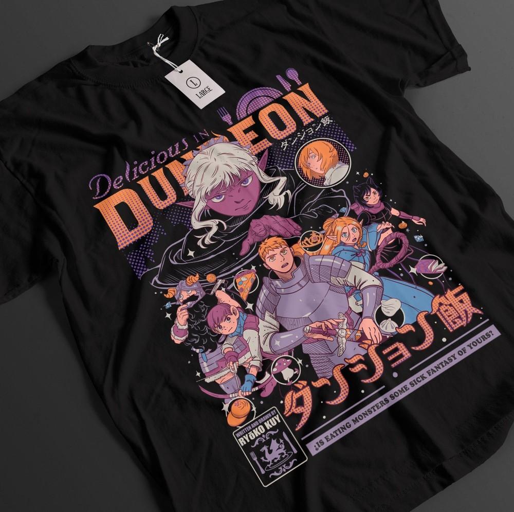 

Delicious In Dungeon Shirt Laios Tshirt Marcille T-Shirt Senshi Top Anime Tee L