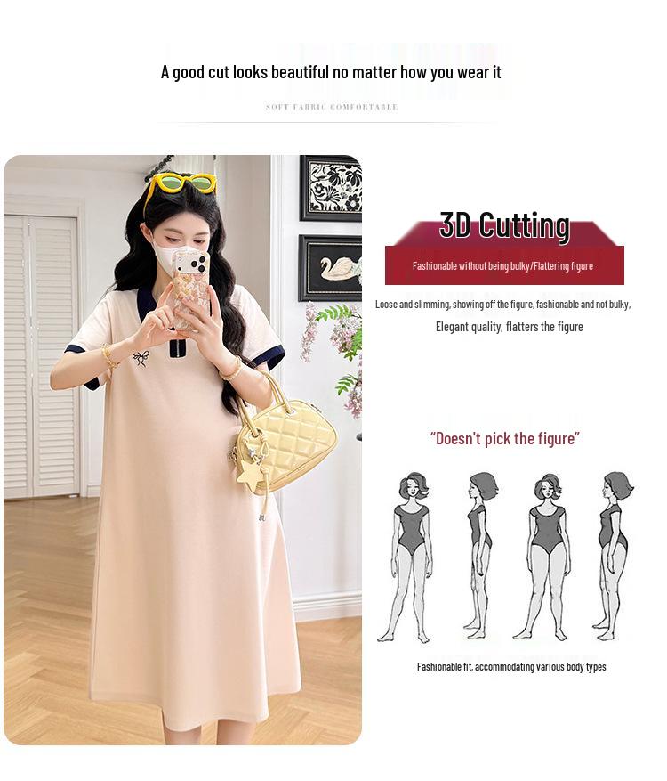 Summer 2026 Maternity Color-Block Zipper Polo Dress - Casual Loose A-Line Mid-Length Skirt