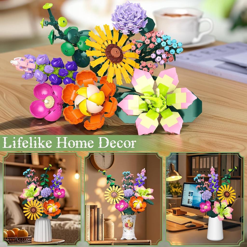 Flowers Bouquet Building Set, DIY Home Offic Botanical Bouquet Decoration Kit, Creative Gift for Women, Girls, Kids, Adults - Great for Birthdays,
