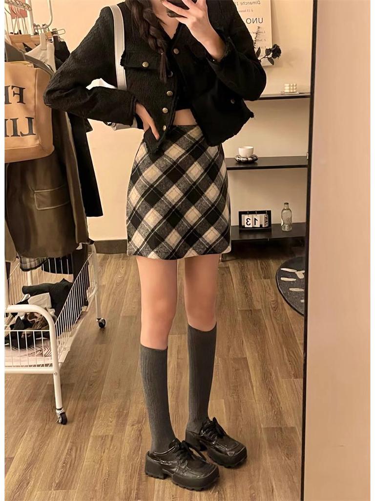 Plus Size Women's High Waist Retro Plaid Wool Mini Skirt