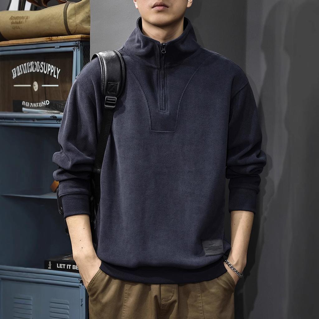 Autumn Heavy Chenier Bar Sweater Men'S American Loose Large Size Half Zipper Stand-Up Neck Long Sleeve Polo Shirt