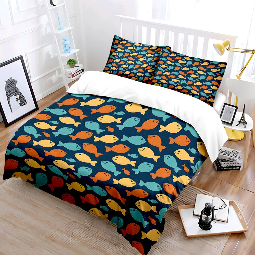 3pcs Colorful Cartoon Fish Pattern Duvet Cover Set Digital Print Colorful Polyester Bedding with Zipper Closur for Kids Gifts