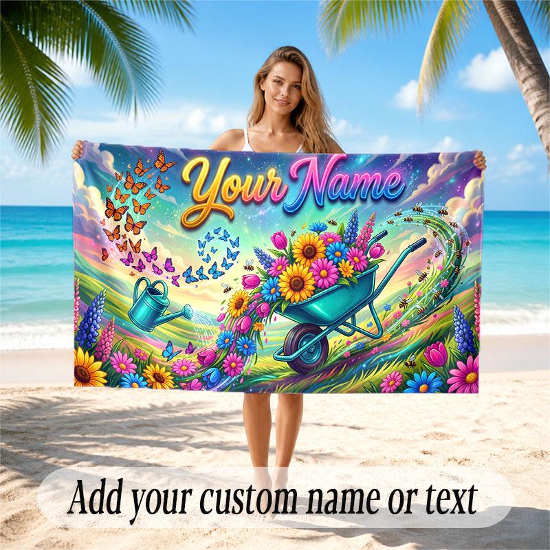 Floral Garden Theme Soft Beach Towel Personalized Custom Name Text Towel Portable for Beach Pool Travel