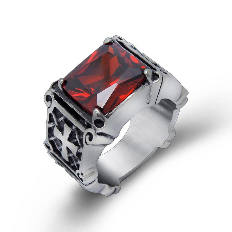 

Men s Titanium Steel Ring Vintage Red Zircon Ring Gothic Cross Ring Men s Punk Accessories 9 серебряный