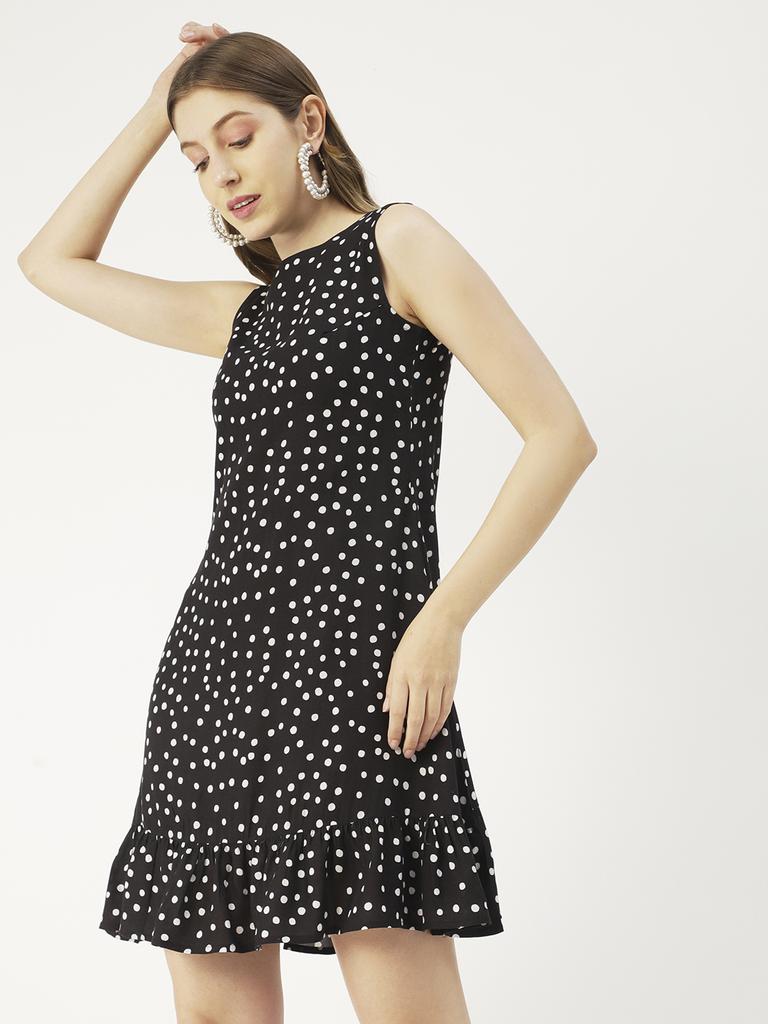 Moomaya Women  S Printed Short Dress, Sleeveless Frilled Hem Round Neck Mini