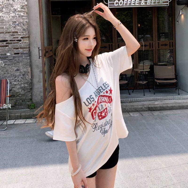 Summer New Pure Desire Wind Slant Shoulder Spicy Girl Pure Cotton Short Sleeved T-shirt for Women Loose and Slim Versatile Design Top for Women