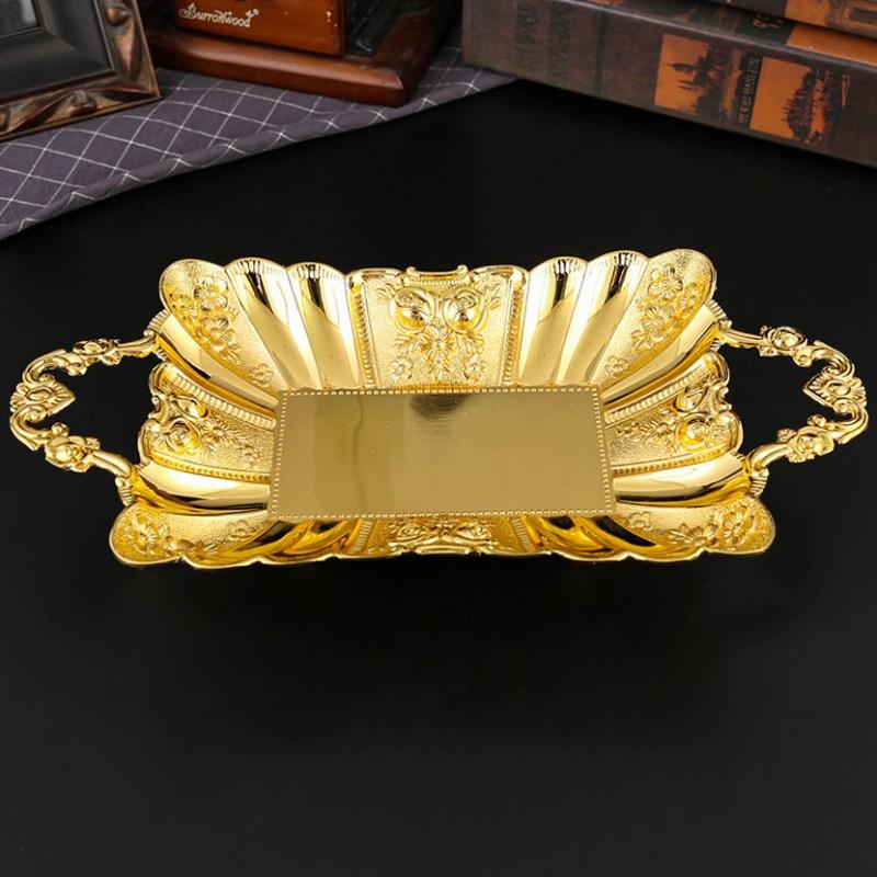 Fruit Tray, Alloy Cake Plate, Golden Exquisite Portable Hand Snack Disc,Nuts Organizer Living Room Party Desktop Decoration 28cm