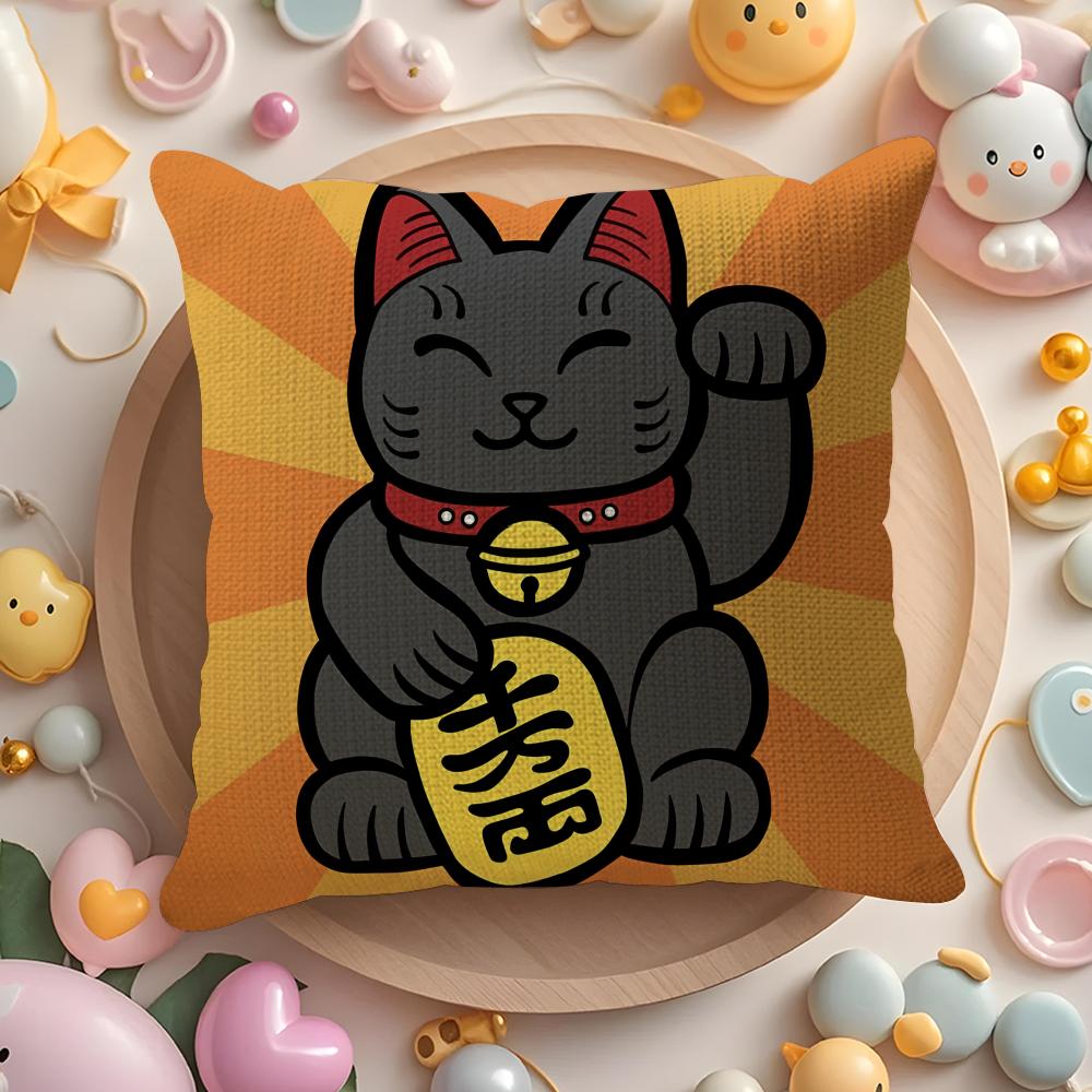 Lucky Cats Cartoon Cushion Cover Natural Linen Organic Fabric DoubleSided Printing Sofa Home Decor Gift Pillow Cover