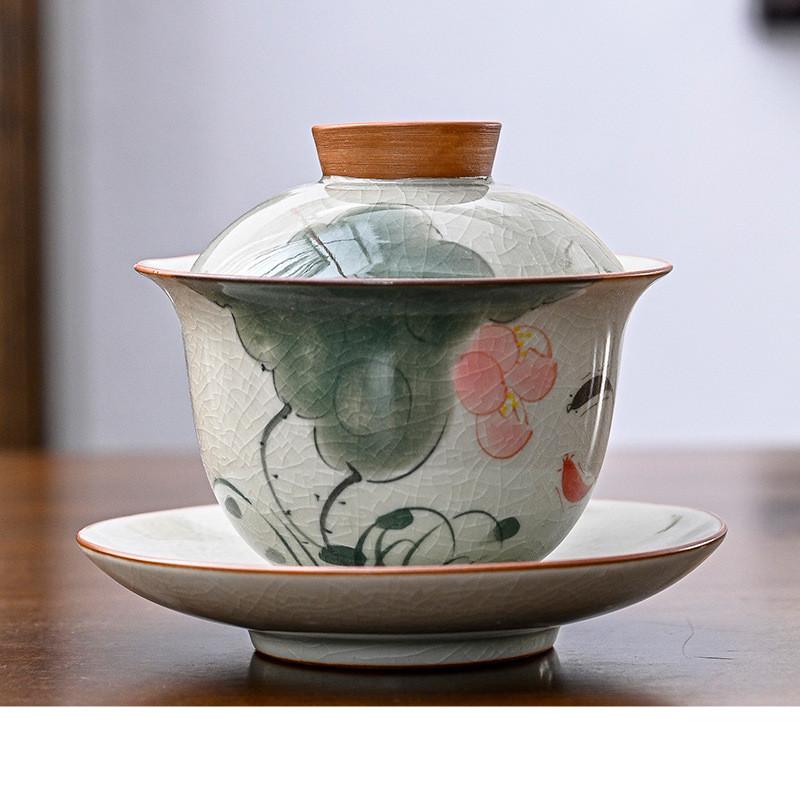 160ml Hand-painted Lotus Ceramic Tea Tureen Covered Bowl Handmade Porcelain Gaiwan Teacup Household Tea Bowl Chinese Teaware
