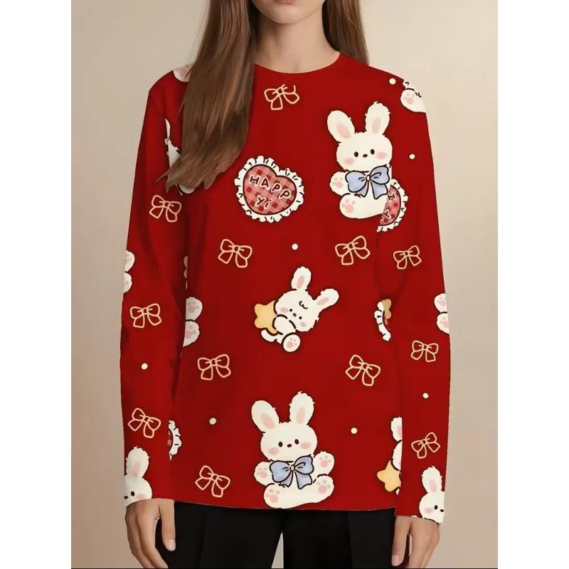 Damen Herbst und Winter 3D-Druck Rundhals Langarm T-Shirt Mode Vielseitig Trend Atmungsaktiv Lässig