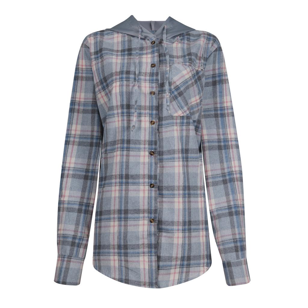 Women Loose Top Plaid Color Block Long Sleeve Casual Ladies  Blouse Coat Shirt Jacket