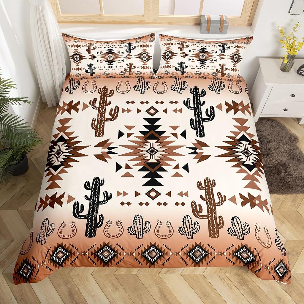 Geometric Aztec Duvet Cover Twin Queen Size,Horseshoe Cactus Western Cowboy Bedding Set,Southwest Rustic Farmhouse Quilt Cover