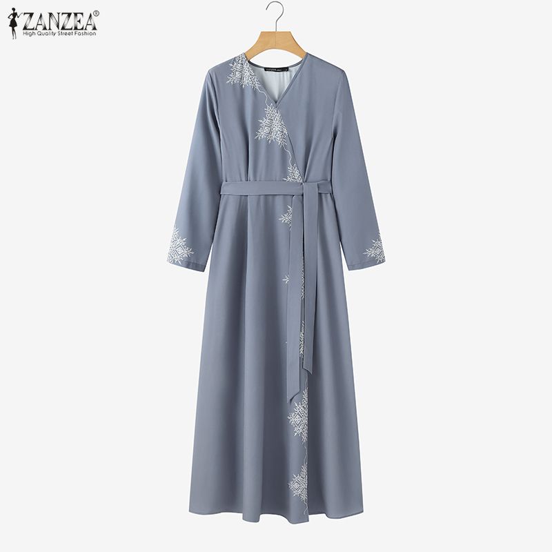 ZANZEA Women Casual V-Neck Loose Long Sleeve Muslim Dress