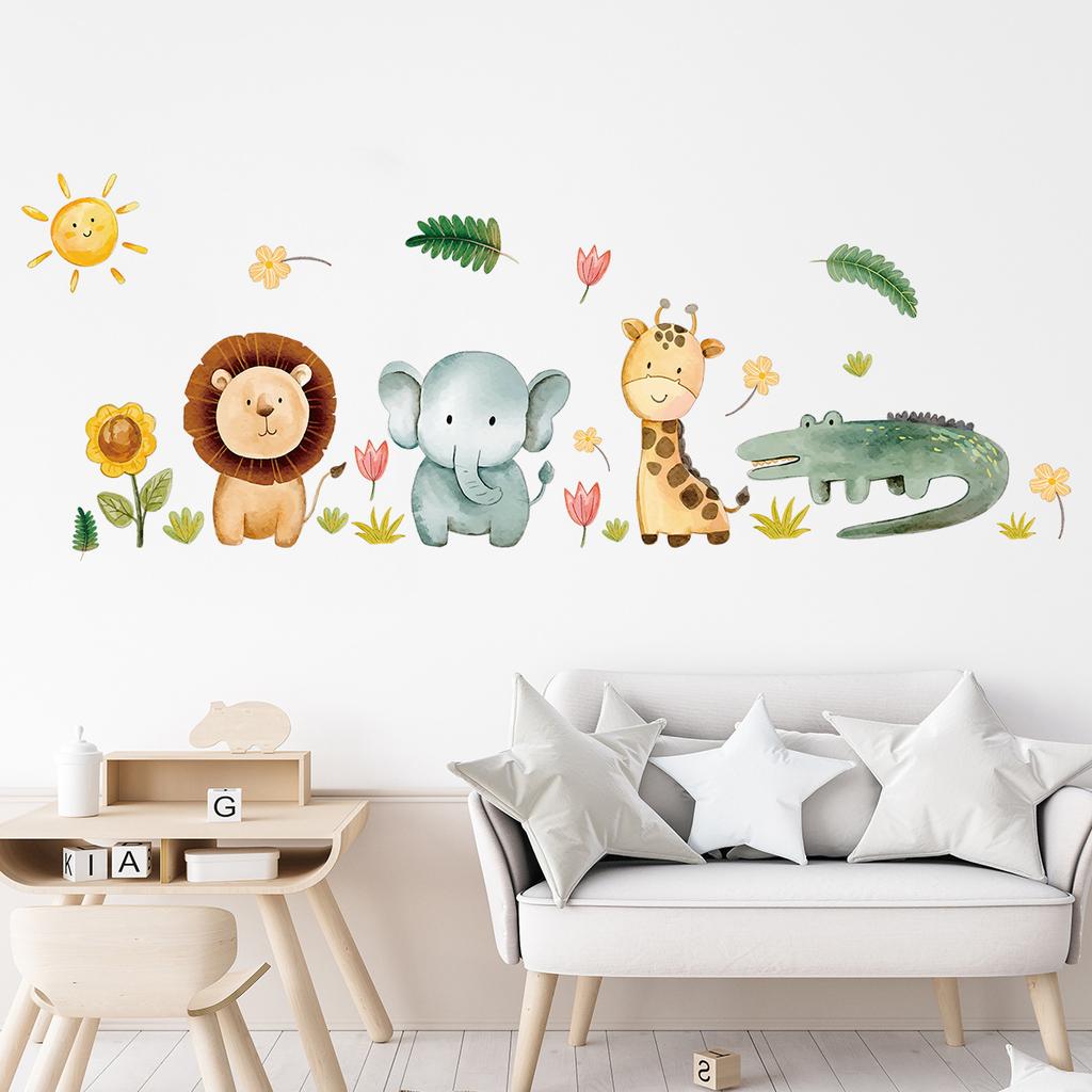 Cartoon Cute Lion Animals Tropical Leaf Watercolor Wall Sticker Self-adhesive Nursery Kids Boys Room Home Decor