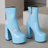 Plus Size Shiny Patent Leather Inlaid with Five-Star Sequin Cloth Super High Platform Women's Short Boots Side Zipper Sweet Boot
