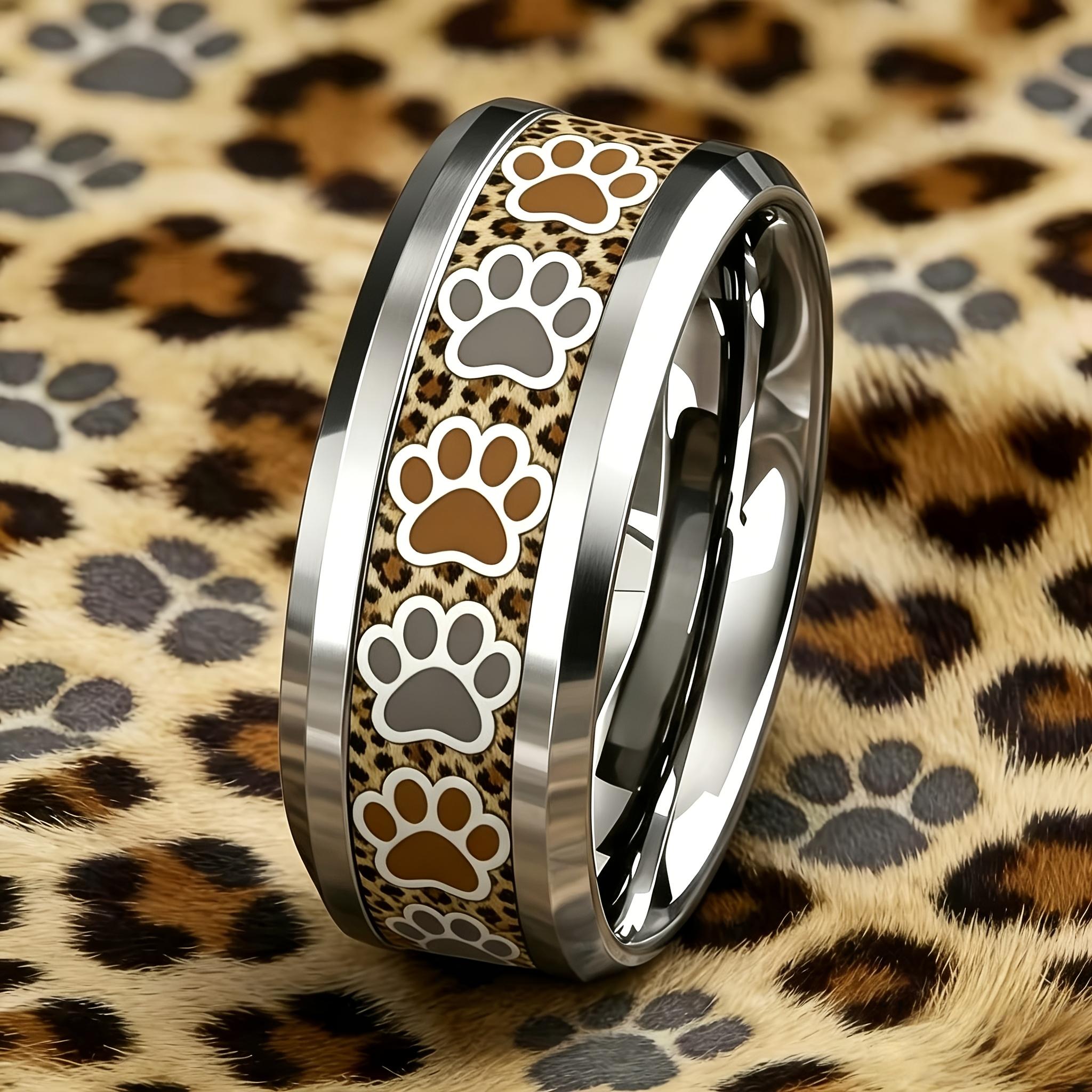 Süßer Leopardendruck & Katzenpfotenmuster Ring Modische Edelstahlringe Für Damen Herren Ehering Schmuck Geschenk Für Haustierliebhaber's 13 white