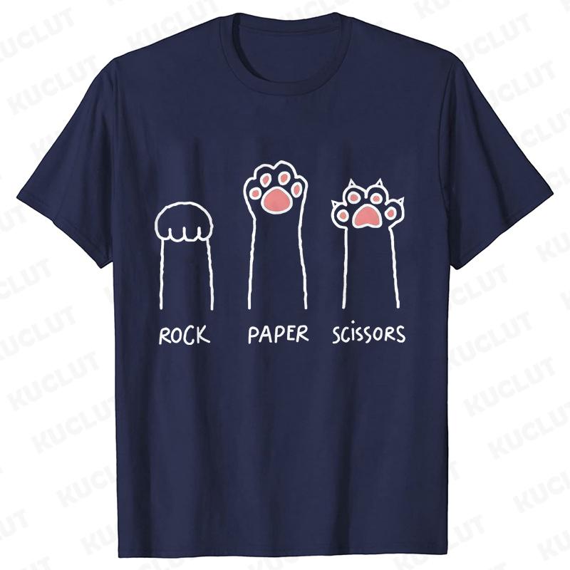 Schere Stein Papier Lustiges Katzenpfotenabdruck T-Shirt Damen Sommer Weiche Oversized Tops Mode Lässig Kurzarm Street T-Shirt