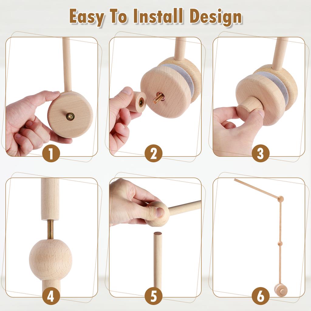 Baby Crib Mobile Arm Wooden Holder 27 Inch Beech Hangers with Rotating Music Box Nursery Decor Attachment Safe Anti Slip Set