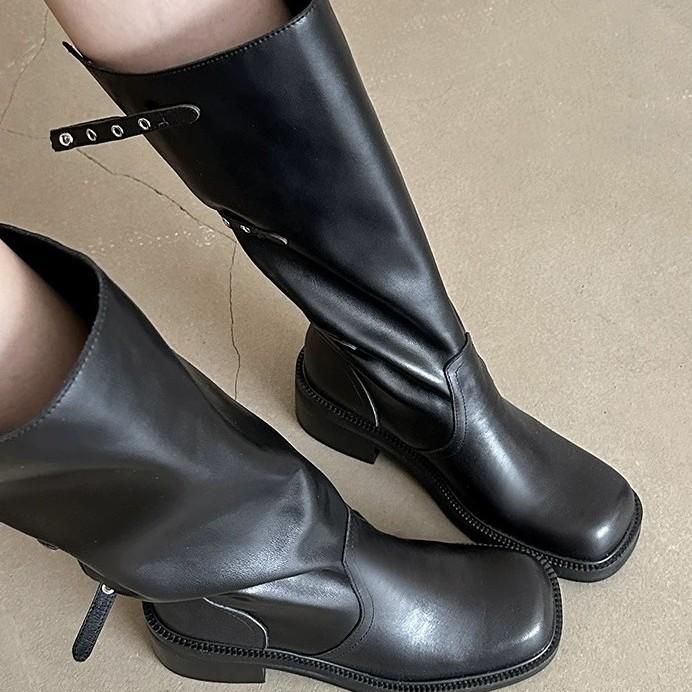 Cowhide Version~ Retro Niche Belt Buckle High Knight Boots Women's 2025 New Thick Heel Boots Cowboy Boots