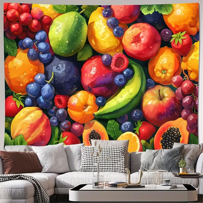 

2D Fresh Mixed Fruits Watercolor Tapestry, Bright Kitchen Wall Art for Home 47.2x31.5inch/120*80cm