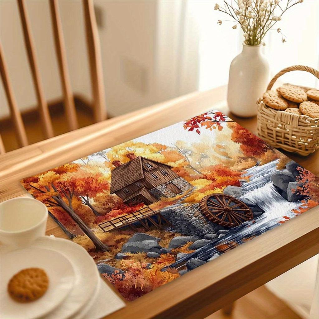 4pcs Set of Placemats 12x18 Inches - Autumn Water Wheel Stream Scenery Placemats for Holiday Gatherings, Camping, Travel, Countr