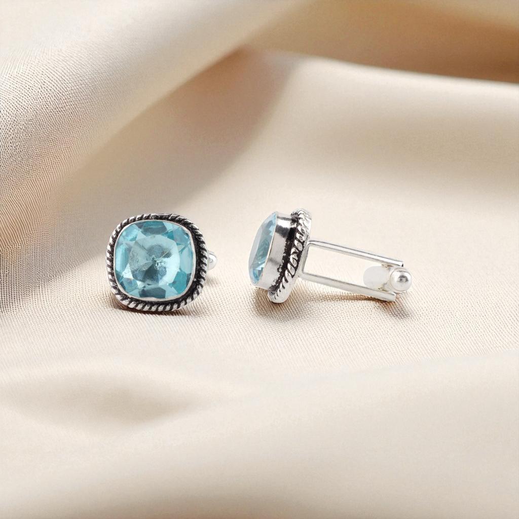 Sky Blue Topaz Gemstone 925 Sterling Silver Jewelry Handcrafted Cufflinks 0.61" CL-7-3