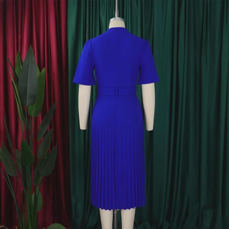 Women Summer Pleated High Waist V Neck Dress