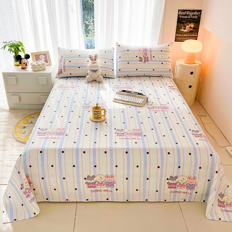 Cute Bear 100% Cotton Bed Sheet Set Plaid Pattern Cartoon Theme Flat Sheets with 2 Pillowcases Breathable Soft Bedding Set