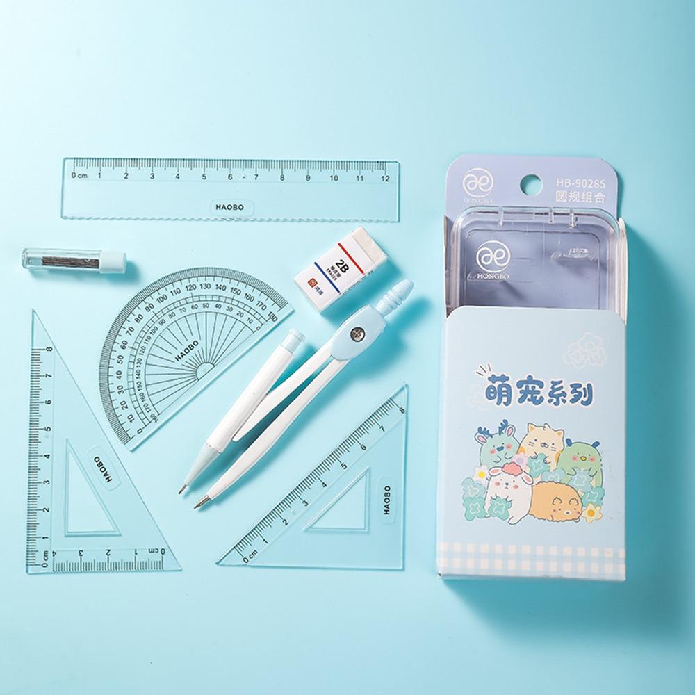 7PCS/Set Plastic Ruler Compasses Set Straight Ruler Set Square Stationery Ruler Set Propelling Pencil Drawing Tool Students