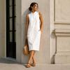 Women's Mandarin Collar Sleeveless Linen Blend Midi Dress Loose Fit Casual Straight Shirt Dress