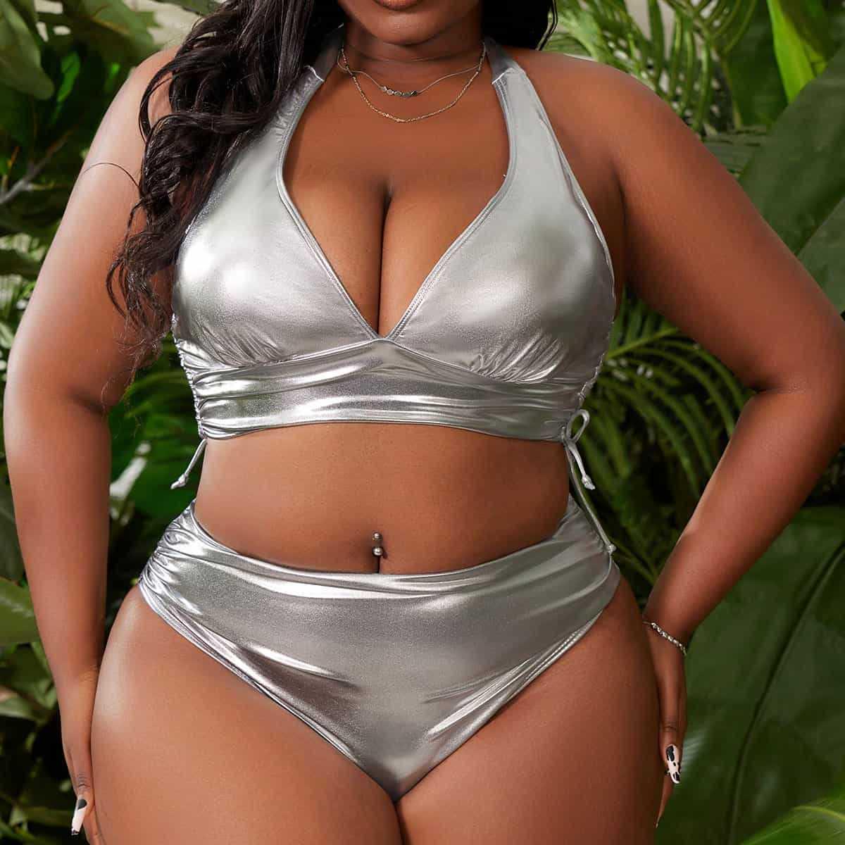 

2025 Большой размер Однотонный Патентная кожа Без спины С высокой талией С разрезом Купальник для женщин 2XL серебряный