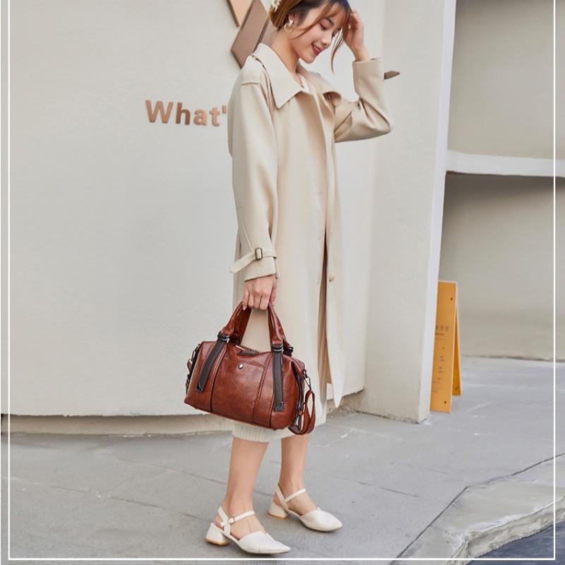 Johnature Retro-Damenhandtasche, große Kapazität, Pu-Leder, modisch, einfarbig, tragbar, Schulter- und Umhängetaschen