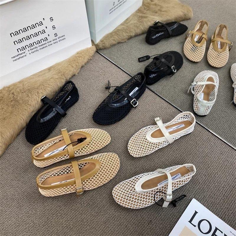Round Head One-word Buckle with Mary Jane Single Shoes Ballet Shoes Mesh Flat Bottom Hollow Fishing Net Shoes Sandals