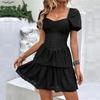 Women's Fashion Summer Spring Solid Color Print Short Sleeve V-Neck High Waist Casual Dresses