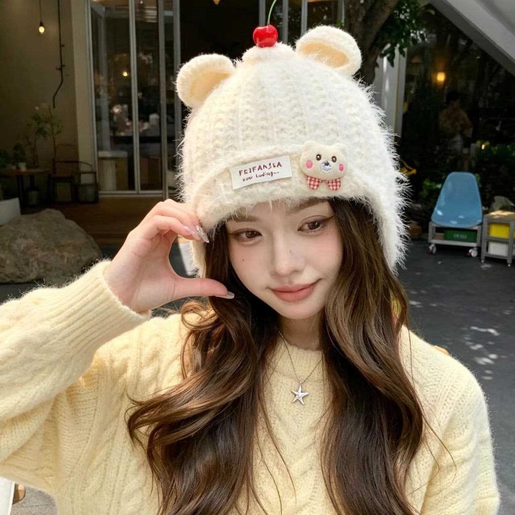 Cute Bear Ears Ear Protector Knitted Hat Women's Autumn and Winter Cherry Plush Wool Hat Student Thermal Pullover Hat